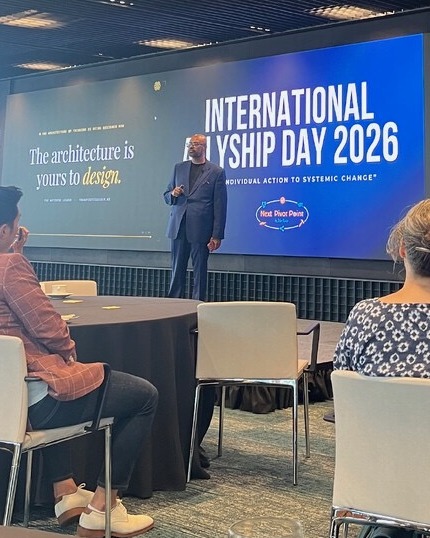 Uday Kiran Bolusani delivering The Undesigned Mind keynote at International Allyship Day 2026 in New York City